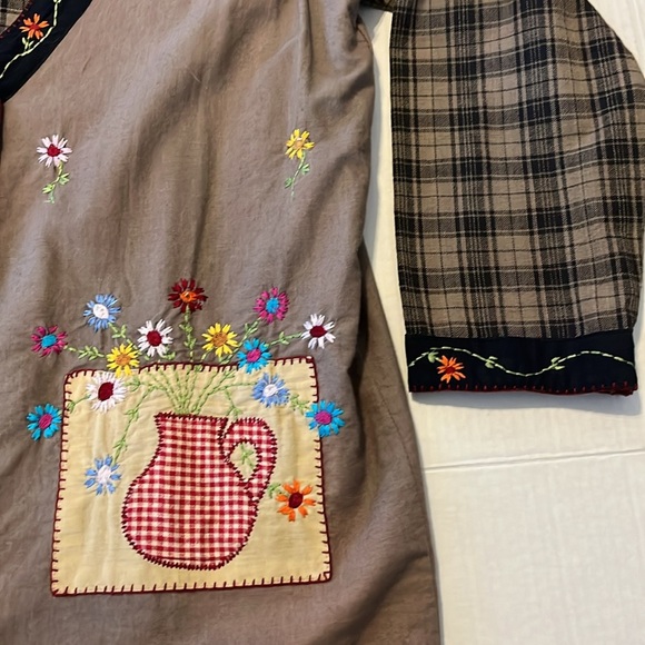 RARE! VTG-Papy Boez-80’s/90’s-S/M-Brown& black plaid,embroidered,patchwork,dress - Picture 7 of 16